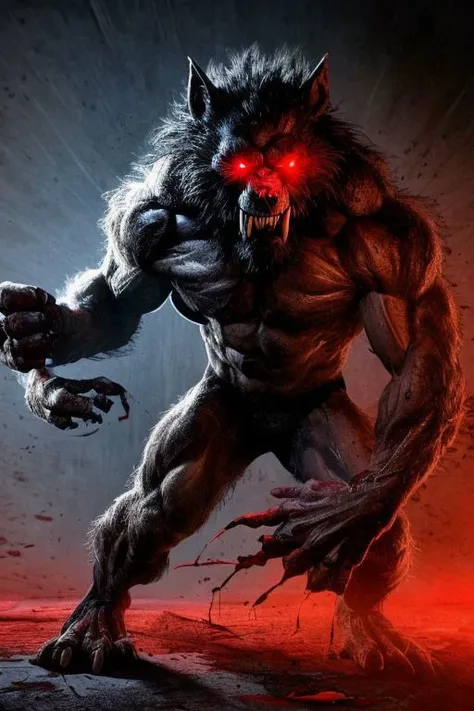 Night photo of a creature with human face mexican male, muscle Werewolf,human hands and feet,sharp fangs covered by blood,red glowing eyes