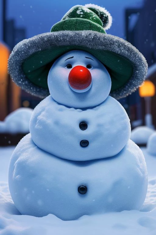 fluffy snowman, professional studio quality shot, 8K UHD, wintry backround, blue hour, jolly continence, realistic composition, fine detail, ultra realistic photograph, professional photograph, (green hat), bokeh, cartoonish:0.75, cleanly drawn, adorable, clown nose, black buttons,