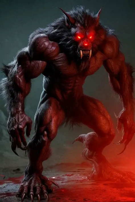 Night photo of a creature with human face mexican male, muscle Werewolf,human hands and feet,sharp fangs covered by blood,red glowing eyes