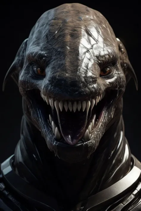 perfect portrait, front view, hyperrealistic, (masterpiece), high details, ultra-realistic, (a angry alien beast), wet, droll, drolls, teeth, tongue, sweating, perfect veiny skin, 32k, octan light, dark theme