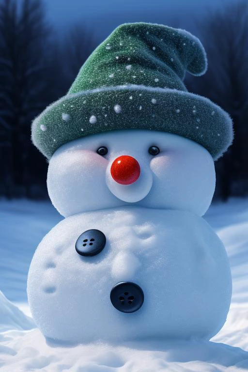 fluffy snowman, professional studio quality shot, 8K UHD, wintry backround, blue hour, jolly continence, realistic composition, fine detail, ultra realistic photograph, professional photograph, (green hat), bokeh, cartoonish:0.75, cleanly drawn, adorable, clown nose, black buttons,