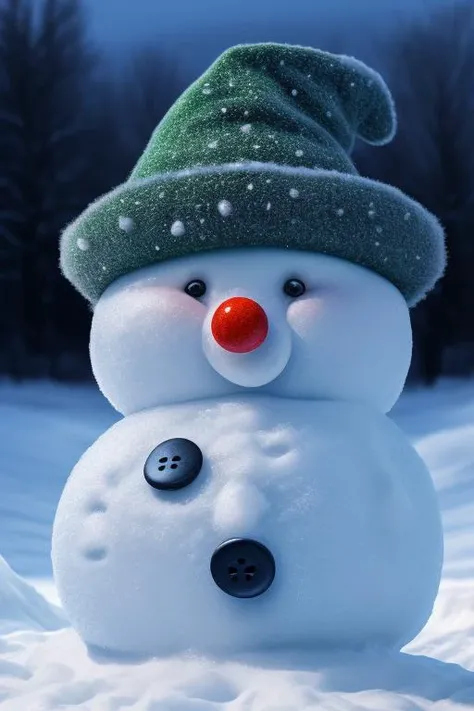 fluffy snowman, professional studio quality shot, 8K UHD, wintry backround, blue hour, jolly continence, realistic composition, fine detail, ultra realistic photograph, professional photograph, (green hat), bokeh, cartoonish:0.75, cleanly drawn, adorable, clown nose, black buttons,