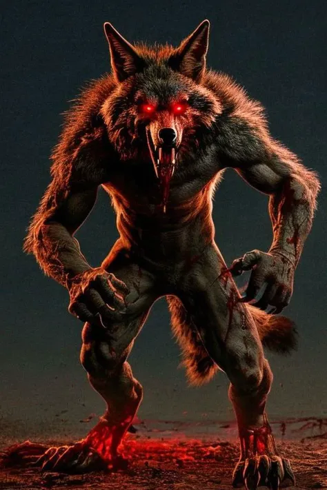 Night photo of a creature with human face mexican male, black coyote body,human hands and feet,sharp fangs covered by blood,red glowing eyes