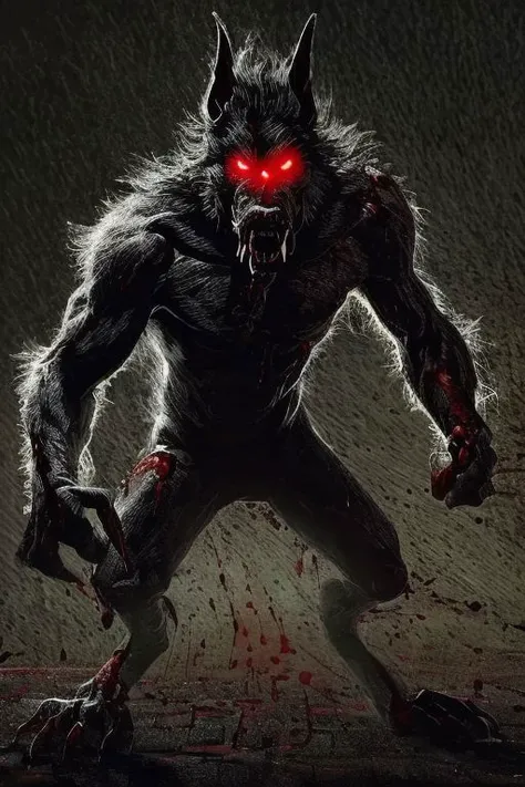 Night photo of a creature with human face mexican male, black dog body,human hands and feet,sharp fangs covered by blood,red glowing eyes