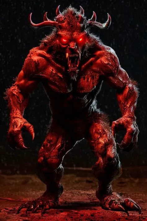 Night photo of a creature with human face mexican male, Brown dog body,human hands and feet,sharp fangs covered by blood,red glowing eyes