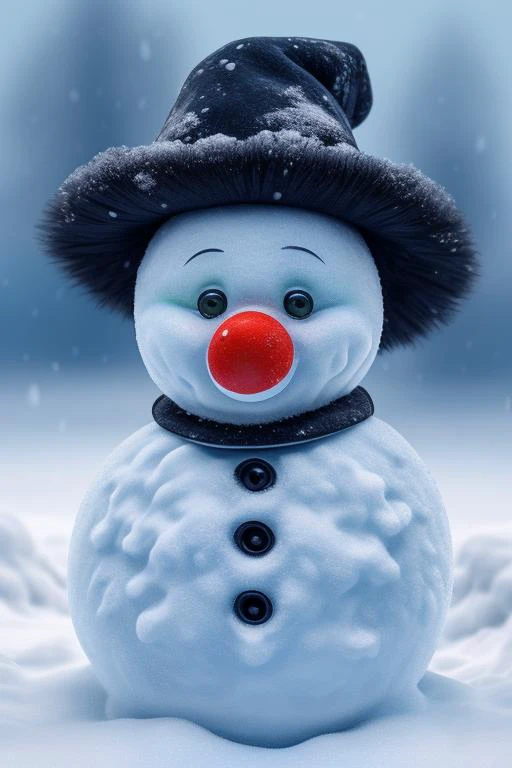 fluffy snowman, professional studio quality shot, 8K UHD, wintry backround, blue hour, jolly continence, realistic composition, fine detail, ultra realistic photograph, professional photograph, (green hat), bokeh, cartoonish:0.75, cleanly drawn, adorable, clown nose, black buttons,