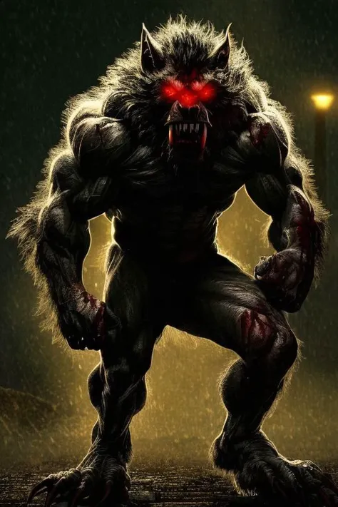 Night photo of a creature with human face mexican male, muscle Werewolf,human hands and feet,sharp fangs covered by blood,red glowing eyes