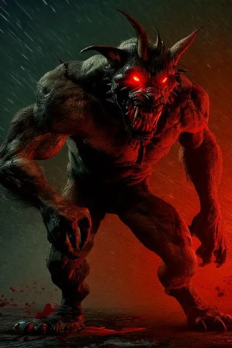 Night photo of a creature with human face mexican male, Brown dog body,human hands and feet,sharp fangs covered by blood,red glowing eyes