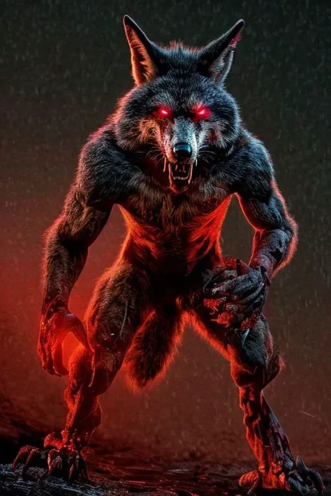 Night photo of a creature with human face mexican male, black coyote body,human hands and feet,sharp fangs covered by blood,red glowing eyes