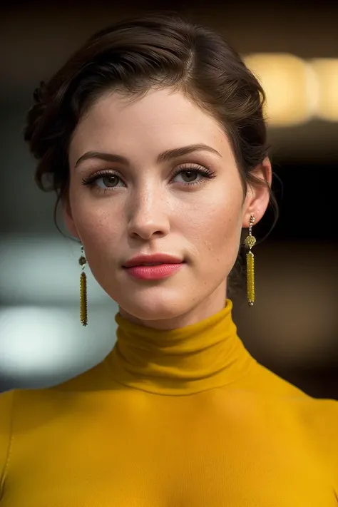 photo of beautiful (4l4n4bc:0.99), a woman with perfect hair upsweep updo, wearing (shoulder sash:1.1), (plain yellow background:1.1), modelshoot style, (extremely detailed CG unity 8k wallpaper), professional majestic photography, ((smiling:1.2)), (Mamiya 7 II Camera), 24mm, exposure blend, hdr, faded, extremely intricate, High (Detail:1.1), Sharp focus, dramatic, soft cinematic light, (looking at viewer), (detailed pupils), 4k textures, soft cinematic light, adobe lightroom, photolab, elegant, ((((cinematic look)))), soothing tones, insane details, hyperdetailed, low contrast