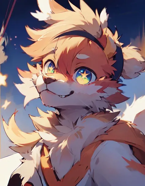starry sky, depth of field, perfect lighting, light particles,(best quality),(masterpiece),(ultra detailed),sharp focus,light particles,<lora:40_niji:0.6> , niji, eyesgod, red_fur, furry, (upper body), rainbow, colorful flower, looking at viewer, blonde, galaxy, cloud, bird, starfall, wind, sheath, sheathed, scabbard, bandages, headband, falling feather, over shirt, white shirt, magic, flash, sidelocks, sparkle, <lora:HoshinoAi_v9:1>, (STAR-SHAPED PUPILS) <lora:latrans_v1.1:1>, green fur, black fur,