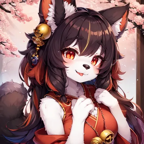 (fluffy anthro furry:1.3), 1girl, solo, furry cat, cat ears, (closed smile, tongue out:0.9), kemono, (kimono, kanzashi, japanese clothes:0.7), hair bell, twintails, two-tone hair, whiskers, (atmospheric perspective, amazing background, shrine, cherry blossoms, forest:0.8), (multicolored hair, red eyes:1.3), <hypernet:Furry_Kemono:0.75>