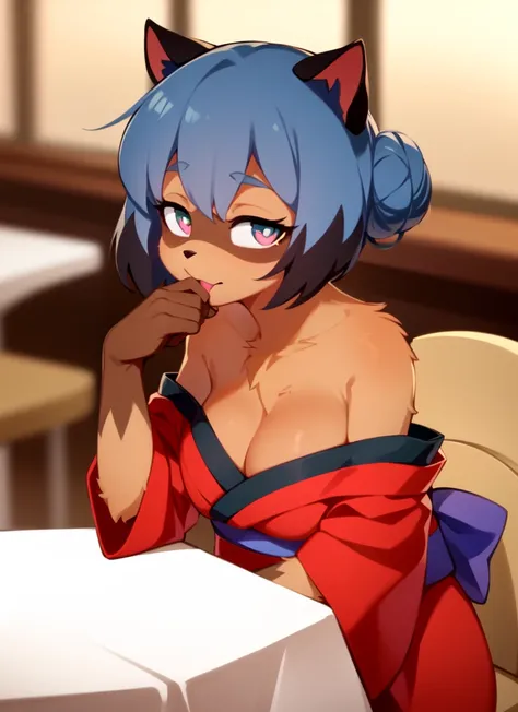 impastos, furry raccoon girl, 1girl, solo, (multicolored eyes), raccoon ears, two-tone hair, (high quality, best quality), body fur, animal nose, hair bun, (kimono), sitting at the table in a restaurant, front view, cleavage