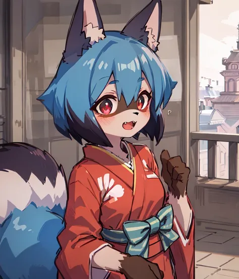 (fluffy anthro furry:1.3), furry raccoon, (Michiru:1.1), small breasts, 1girl, solo, blue hair, two tone hairs, (multicolored eyes:1.3), fox ears, kimono dress, outdoors, <hypernet:furry_kemono:0.75><lora:MichiruWD14Cap_V7_Base_yiffy:0.75>