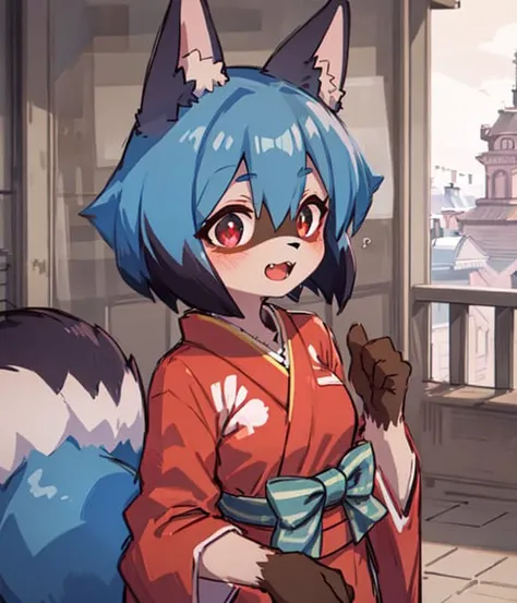 (fluffy anthro furry:1.3), furry raccoon, (Michiru:1.1), small breasts, 1girl, solo, blue hair, two tone hairs, (multicolored eyes:1.3), fox ears, kimono dress, outdoors, <hypernet:furry_kemono:0.75><lora:MichiruWD14Cap_V7_Base_yiffy:0.75>