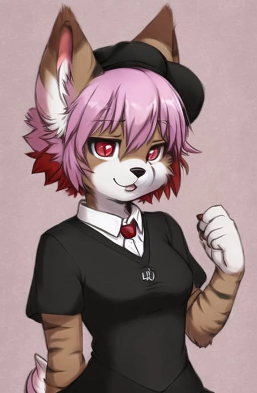 (fluffy anthro furry:1.3), 1girl, solo, pink hair,multicolored hair,  short hair, (red eyes:1.2), dog ears, shirt,sleeves,swimsuit, <hypernet:furry_kemono:1>, whitefur, beret , short ,tie