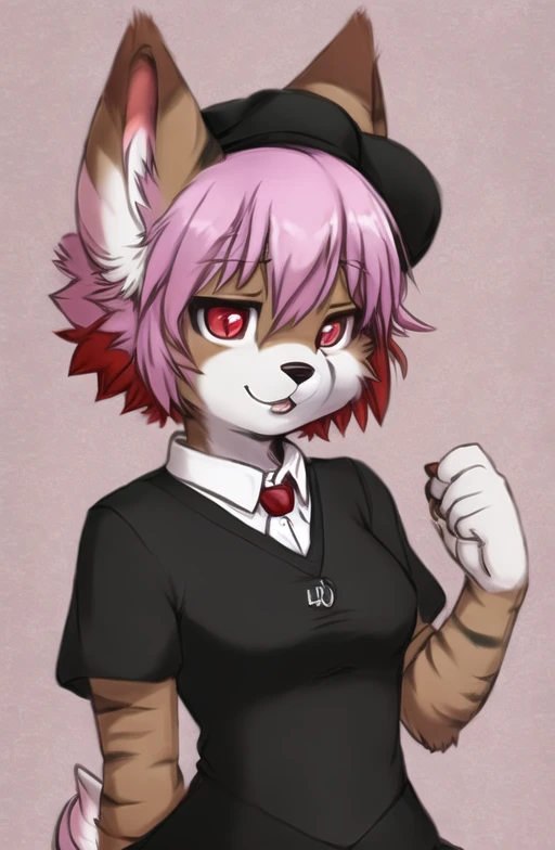 (fluffy anthro furry:1.3), 1girl, solo, pink hair,multicolored hair,  short hair, (red eyes:1.2), dog ears, shirt,sleeves,swimsuit, <hypernet:furry_kemono:1>, whitefur, beret , short ,tie