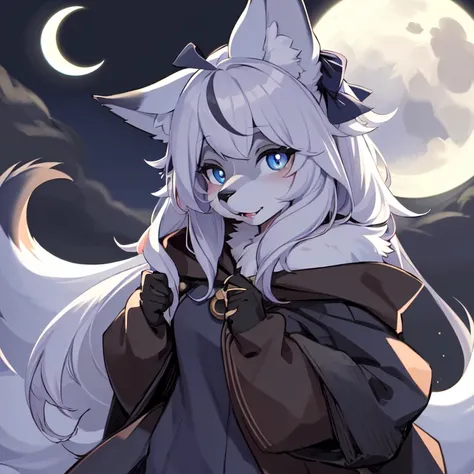 (fluffy anthro furry:1.3), 1girl, solo, furry wolf, wolf ears, kemono, (closed mouth, cloak:0.9), crescent moon, moonlight, hair ribbon, ahoge, two-tone hair, (atmospheric perspective, amazing background, night, cloudy sky, snow, snowing, glacier:0.8), (multicolored hair, blue eyes:1.3), <hypernet:furry_kemono:0.75> <lora:Kikurage-Full:0.55>