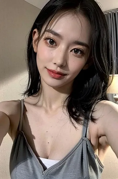 1girl,(masterpiece:1.2), (best quality:1.2), (extremely detailed), ((cleavage)), ((selfie from center front)), (extremely detailed face), ultra-detailed eyes and pupils, broad shoulder, (ultra detailed), 8k, photorealistic, pretty face, smile, instagram shot, instagram style, in the bedroom, looking at viewer, facing front, smiling, perfect skin, cinematic lighting, fair skin, black hair, black eyes, portrait photo, (small breast:1.2), slender, no makeup, nikon RAW photo, 8k ,Fujifilm XT3, photorealistic, detailed face, fair skin, perfect shape, slim face, indoors, dim lighting, sleeveless, (looking at viewer:1.2), <lora:sakuralorashy:0.85>