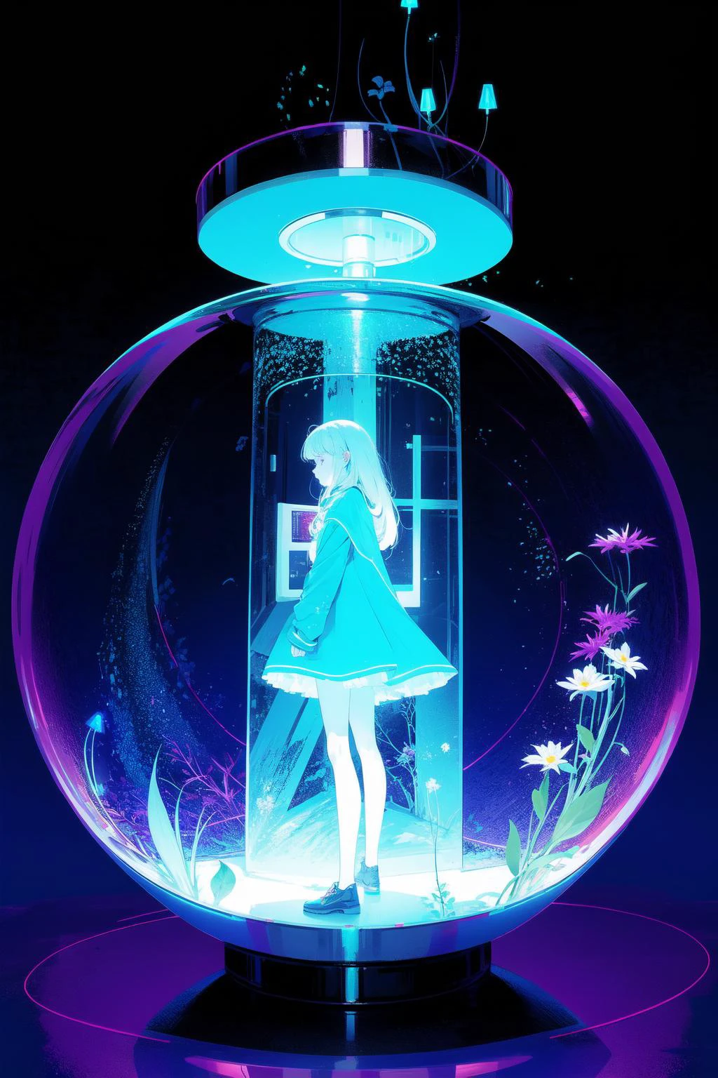 1girl, fantasy, (holographic interface:1.3), <lora:holographic_interface_v10:0.8>
best detailed, (glowing background),illumination,
, masterpiece, best quality, wide-angle Hyperdetailed, masterpiece, 8k, natural lighting, soft lighting, sunlight, HDR (High Dynamic Range), Maximum Clarity And Sharpness, Multi-Layered Textures,
perfect detail reflective surface, freedom,Golden Section, white flowers, (neon indigo glow,neon white glow:1.2), night, dark theme, starry sky,(bioluminescence,luminous plants:1.3), ethereal, truth,