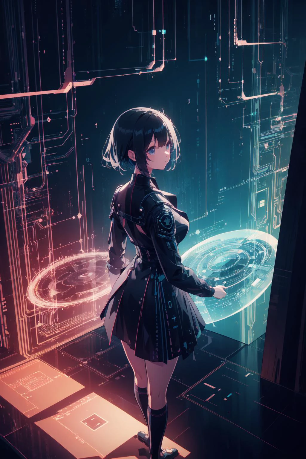 (slightly above),1girl, fantasy, (holographic interface:1.1),<lora:holographic_interface_v10:0.8>
(extremely detailed CG unity 16k wallpaper),natural lighting, soft lighting, sunlight, HDR (High Dynamic Range), Maximum Clarity And Sharpness, Multi-Layered Textures, <lora:binarycode:0.8> binary code, digital art,only zero and one,