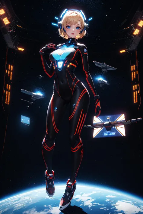 ((masterpiece)), (best quality), official art, high res, vivid color,
1girl, blonde hair, blue eyes, pixie cut, bodysuit, cleavage, dynamic pose,
full body,
indoors, (spacecraft:1.3), (holographic interface:1.3), science fiction, futuristic, headgear, galaxy, (wide shot:1.3), <lora:holographic_interface_v10:0.6>