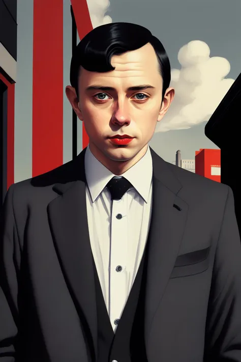 a man in a suit and tie walking down a street , solo, looking at viewer, smile, shirt, black hair, gloves, long sleeves, 1boy, closed mouth, standing, jacket, white shirt, male focus, cowboy shot, outdoors, necktie, sky, day, striped, collared shirt, pants, vest, black jacket, black pants, formal, suit, ground vehicle, building, black necktie, motor vehicle, red gloves, black vest, car, lamppost, pinstripe pattern, black suit, pinstripe suit , Harmonious_Dreamer