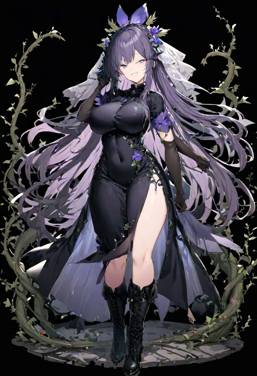masterpiece, best quality, ultra-detailed, beautiful, nai3, 1girl, solo, full_body, tachi-e,
yomotsu_hisami, solo, 1girl, boots, smile, veil, vines, elbow_gloves, breasts, flower, black_footwear, black_gloves, purple_gloves, black_dress,