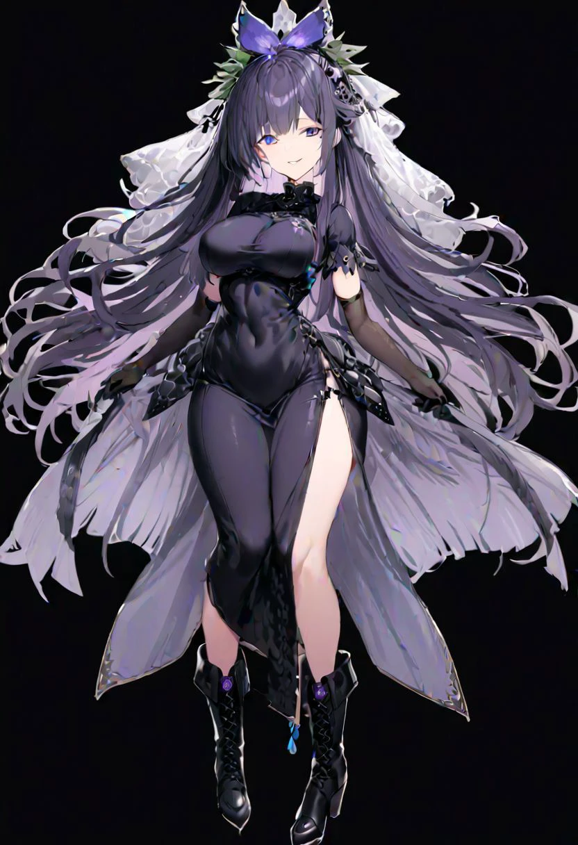 masterpiece, best quality, ultra-detailed, beautiful, nai3, 1girl, solo, full_body, tachi-e,
yomotsu_hisami, solo, 1girl, boots, smile, ((veil)):2, elbow_gloves, breasts, flower, black_footwear, black_gloves, purple_gloves, black_dress,