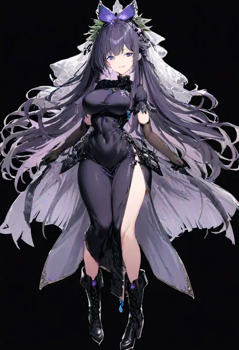 masterpiece, best quality, ultra-detailed, beautiful, nai3, 1girl, solo, full_body, tachi-e, 
yomotsu_hisami, solo, 1girl, boots, smile, ((veil)):2, elbow_gloves, breasts, flower, black_footwear, black_gloves, purple_gloves, black_dress,