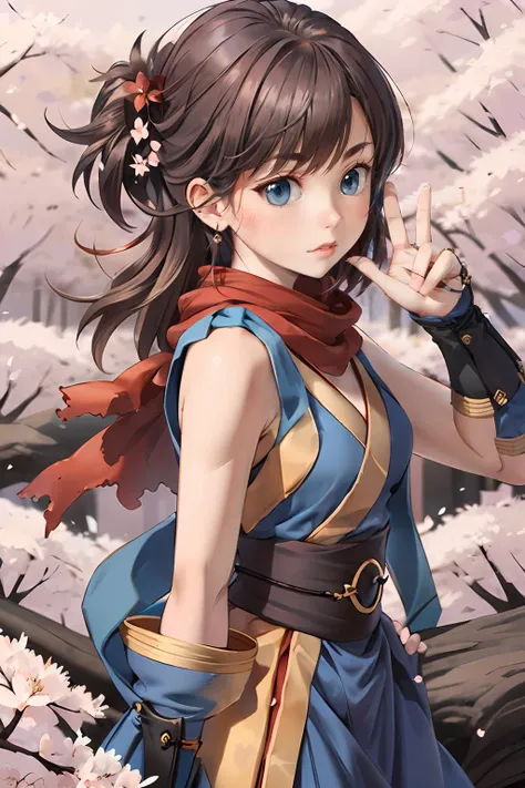 (masterpiece, best quality), 1girl,  ragnarok_ninja, blue dress, red scarf, clenched hands, raised fist,  cherry blossoms background,  <lora:ragnarok_ninja:1>