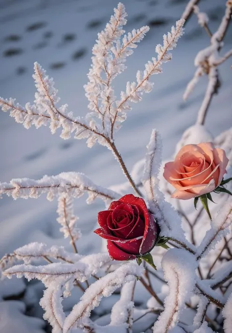 JuggernautNegative, Immerse yourself in the delicate beauty of nature with a captivating image of a vibrant red rose delicately perched upon a serene landscape of snow-covered ground. This high-resolution photograph, shot in stunning 8K detail, captures the essence of contrast between the fiery red petals and the cool, frost-kissed surroundings. The frozen flowers surrounding the rose add a touch of enchantment, creating a visually arresting composition that celebrates the timeless elegance of nature's artistry.