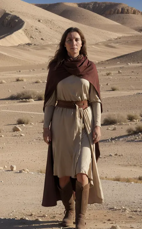 (Medium shot:1.5), (Ancient Silk Road Caravan Leader (1st Century BCE to 1st Century CE:1.4), A woman in her mid-40s, her physique weathered yet sturdy from years of travel. Her hair, a sun-lightened brown, is kept under a scarf for protection against the desert sun. Her clothing is a mix of practical and ornate, including a long tunic belted at the waist, over which she wears a cloak, and sturdy boots, her attire reflecting the blend of cultures along the Silk Road.