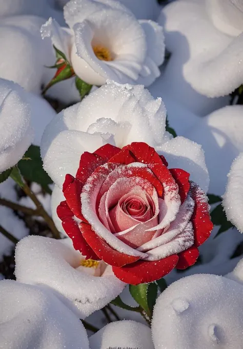 JuggernautNegative, Immerse yourself in the delicate beauty of nature with a captivating image of a vibrant red rose delicately perched upon a serene landscape of snow-covered ground. This high-resolution photograph, shot in stunning 8K detail, captures the essence of contrast between the fiery red petals and the cool, frost-kissed surroundings. The frozen flowers surrounding the rose add a touch of enchantment, creating a visually arresting composition that celebrates the timeless elegance of nature's artistry.