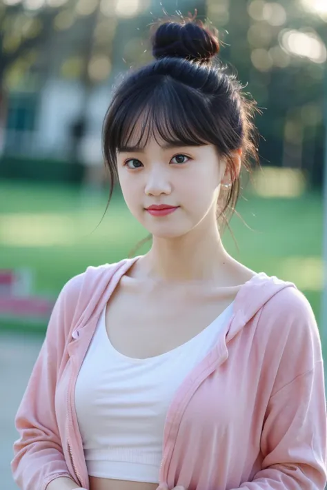 FILMG,upper body,depth of field,blurry background,(8k, RAW photo, best quality, masterpiece:1.2),(realistic, photo-realistic:1.37),lens flare,cute,professional lighting, photon mapping, radiosity, physically-based rendering,lss,1girl ,single hair bun, bangs,jacket,sportswear,playground,(pureerosface_v1:0.3) <lora:shojovibe_v11:0.3> <lora:FilmG4:1> <lora:lss3-000014:0.7>