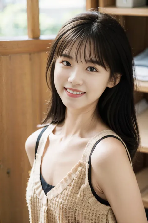 Against the backdrop of a blue wall、Photo of a busty young Japanese woman wearing a light blue tank top and white lace panties, Leaning on a wooden chair。Natural light、Her face and body are softly lit。Her face is smiling gently、Overall a relaxed atmosphere。Full body photo