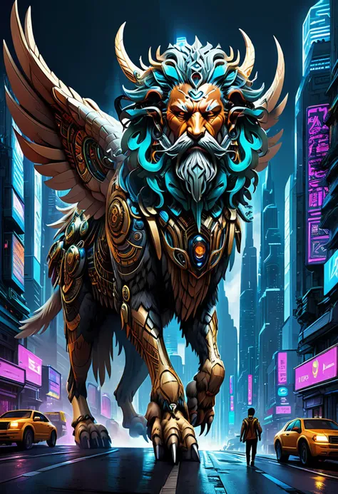 A towering Cyberpunk Lamassu gracefully strides down a bustling futuristic street, Its imposing presence commands attention as its 3d style form merges seamlessly with the neon-lit urban landscape, The creature's cybernetic enhancements are intricately detailed, blending organic and mechanical elements in perfect harmony, This anime style artwork showcases a world where technology has advanced to unimaginable heights, creating beings that defy the laws of nature - both beautiful and terrifying at once,  <lora:RPGLamassuXL:0.5>