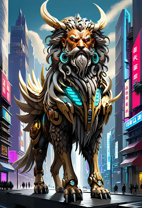 A towering Cyberpunk Lamassu gracefully strides down a bustling futuristic street, Its imposing presence commands attention as its 3d style form merges seamlessly with the neon-lit urban landscape, The creature's cybernetic enhancements are intricately detailed, blending organic and mechanical elements in perfect harmony, This anime style artwork showcases a world where technology has advanced to unimaginable heights, creating beings that defy the laws of nature - both beautiful and terrifying at once,  <lora:RPGLamassuXL:0.5>