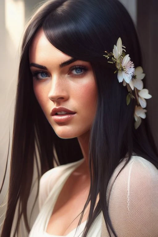 a portrait photo of (meganfox_ti:1),long hair, long dress, modelshoot style, (extremely detailed CG unity 8k wallpaper), photo of the most beautiful artwork in the world, professional majestic oil painting by Ed Blinkey, Atey Ghailan, Studio Ghibli, by Jeremy Mann, Greg Manchess, Antonio Moro, trending on ArtStation, trending on CGSociety, Intricate, High Detail, Sharp focus, dramatic, photorealistic painting art by midjourney and greg rutkowski,