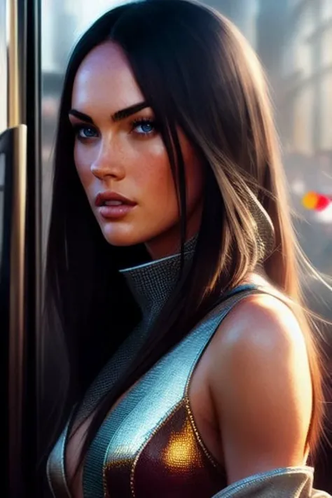 a portrait photo of (meganfox_ti:1),long hair, long dress, modelshoot style, (extremely detailed CG unity 8k wallpaper), photo of the most beautiful artwork in the world, professional majestic oil painting by Ed Blinkey, Atey Ghailan, Studio Ghibli, by Jeremy Mann, Greg Manchess, Antonio Moro, trending on ArtStation, trending on CGSociety, Intricate, High Detail, Sharp focus, dramatic, photorealistic painting art by midjourney and greg rutkowski,