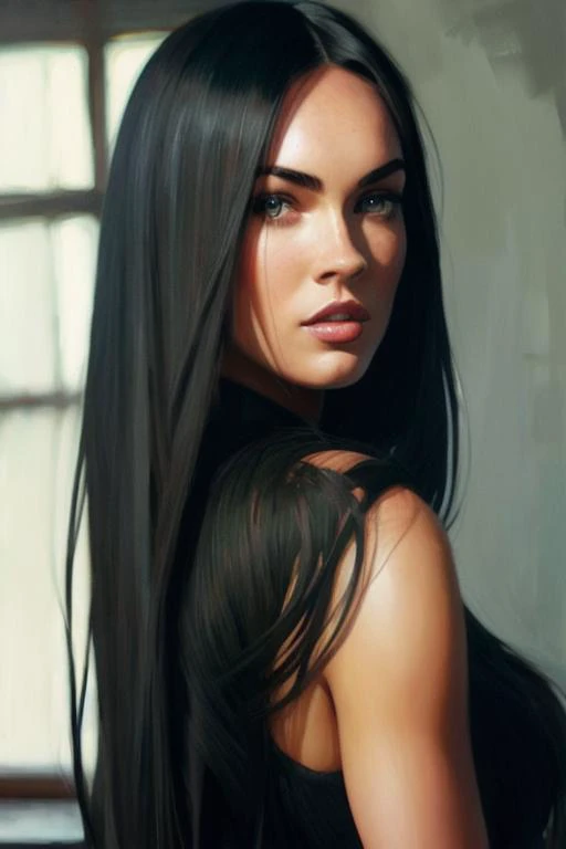 a portrait photo of (meganfox_ti-2100:1),long hair, long dress, modelshoot style, (extremely detailed CG unity 8k wallpaper), photo of the most beautiful artwork in the world, professional majestic oil painting by Ed Blinkey, Atey Ghailan, Studio Ghibli, by Jeremy Mann, Greg Manchess, Antonio Moro, trending on ArtStation, trending on CGSociety, Intricate, High Detail, Sharp focus, dramatic, photorealistic painting art by midjourney and greg rutkowski,