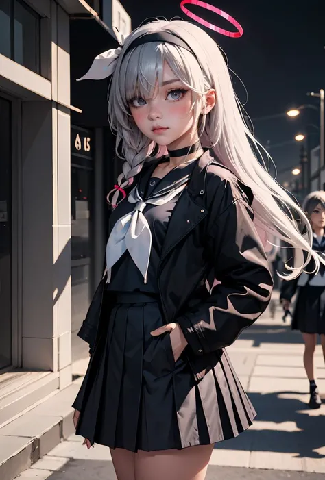 (masterpiece, best quality), 1girl, <lora:plana2:0.8> 1girl,hairband,long hair,halo,solo,hair over one eye,white hair,braid,choker,school uniform,blush,very long hair,sailor collar,long sleeves,serafuku,skirt,ribbon,grey eyes,neckerchief,black choker,closed mouth,ribbon,pleated skirt,black skirt,black serafuku,jacket,single braid,shirt,eyes visible through hair,bow hairband,grey eyes,hair ribbon,black jacket,black shirt,grey hair,black hairband,small breasts,shoes