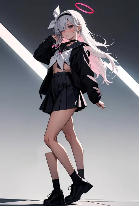 (masterpiece, best quality), 1girl, <lora:plana2:0.8> 1girl,hairband,long hair,halo,solo,hair over one eye,white hair,braid,choker,school uniform,blush,very long hair,sailor collar,long sleeves,serafuku,skirt,ribbon,grey eyes,neckerchief,black choker,closed mouth,ribbon,pleated skirt,black skirt,black serafuku,jacket,single braid,shirt,eyes visible through hair,bow hairband,grey eyes,hair ribbon,black jacket,black shirt,grey hair,black hairband,small breasts,shoes