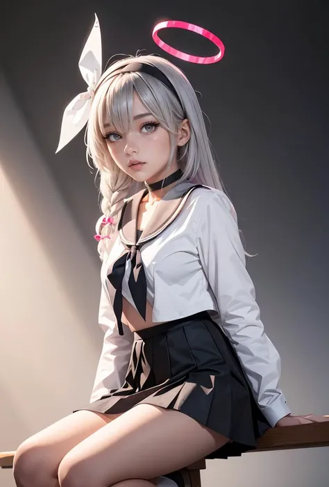 (masterpiece, best quality), 1girl, <lora:plana2:0.8> 1girl,hairband,long hair,halo,solo,hair over one eye,white hair,braid,choker,school uniform,blush,very long hair,sailor collar,long sleeves,serafuku,skirt,ribbon,grey eyes,neckerchief,black choker,closed mouth,ribbon,pleated skirt,black skirt,black serafuku,jacket,single braid,shirt,eyes visible through hair,bow hairband,grey eyes,hair ribbon,black jacket,black shirt,grey hair,black hairband,small breasts,shoes