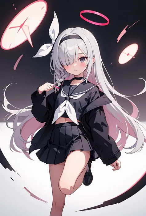 (masterpiece, best quality), 1girl, <lora:plana2:0.8> 1girl,hairband,long hair,halo,solo,hair over one eye,white hair,braid,choker,school uniform,blush,very long hair,sailor collar,long sleeves,serafuku,skirt,ribbon,grey eyes,neckerchief,black choker,closed mouth,ribbon,pleated skirt,black skirt,black serafuku,jacket,single braid,shirt,eyes visible through hair,bow hairband,grey eyes,hair ribbon,black jacket,black shirt,grey hair,black hairband,small breasts,shoes