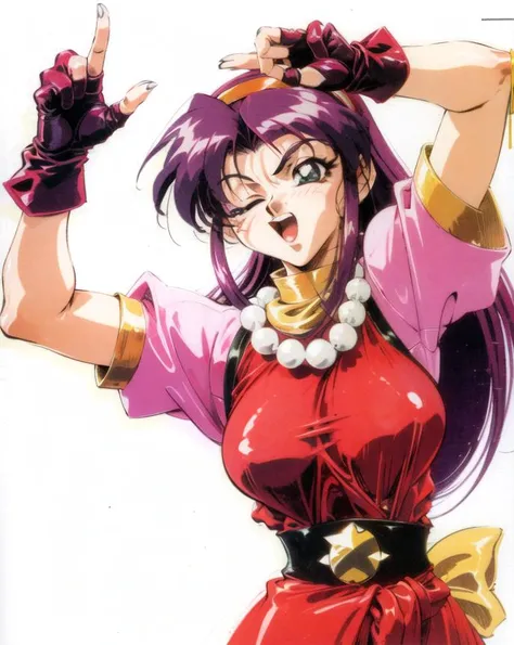 <lora:OobariMasami:0.7>,retro artstyle, 1990s (style), 1girl, solo, long hair, breasts, open mouth, simple background, gloves, white background, jewelry, purple hair, hairband, one eye closed, fingerless gloves, necklace, star (symbol), arm up, beads, star hair ornament, red hairband,