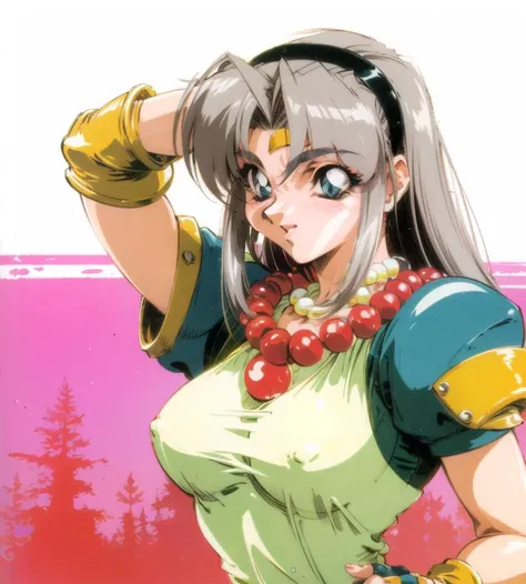 <lora:OobariMasami:0.7>,retro artstyle, 1990s (style), 1girl, solo, long hair, breasts, gloves, jewelry, grey hair, hairband, fingerless gloves, necklace, arm up, beads,