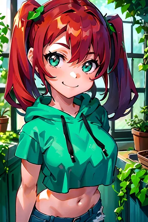 1girl, twintails, redhead, smiling, happy, green crop-top hoodie, tight jeans, bright, whimsical, rustic studio, workshop, plants, vines, ivy, sunlight, windows, masterpiece <lora:Oobari Masami:0.7>