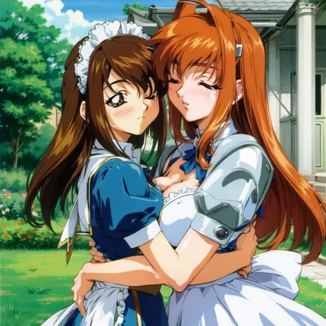 <lora:OobariMasami:0.8>,retro artstyle, 1990s (style), long hair, breasts, blush, multiple girls, skirt, brown hair, 2girls, school uniform, closed eyes, outdoors, maid, hug