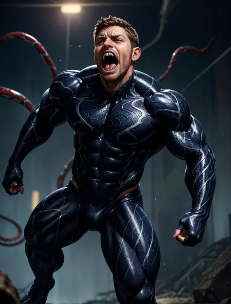 (GS-Masculine:1), (1boy), leaning forward, pain and panic, screaming, tan glowing skin, freckles, depth of field, dynamic angles, <lora:more_details:0.5>, <lora:Venom_0.0.1:0.1>, (venom), venom absorbing 1man, (absorbing), black suit, symbiote, eddy brock, black tendrils tentacles, claws